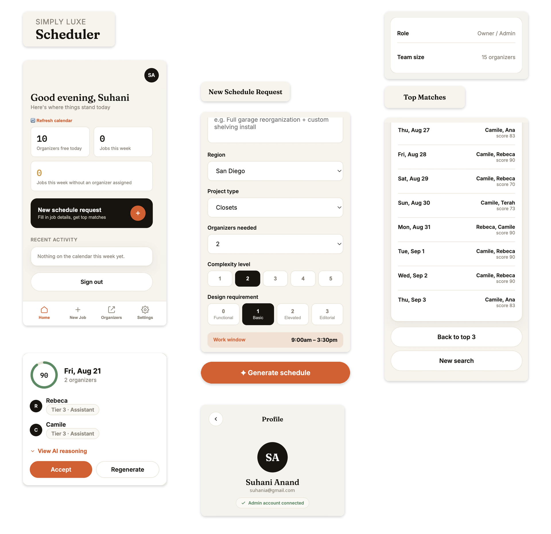 Simply Luxe Scheduler screenshots arranged with space between the dashboard, request, matches and profile